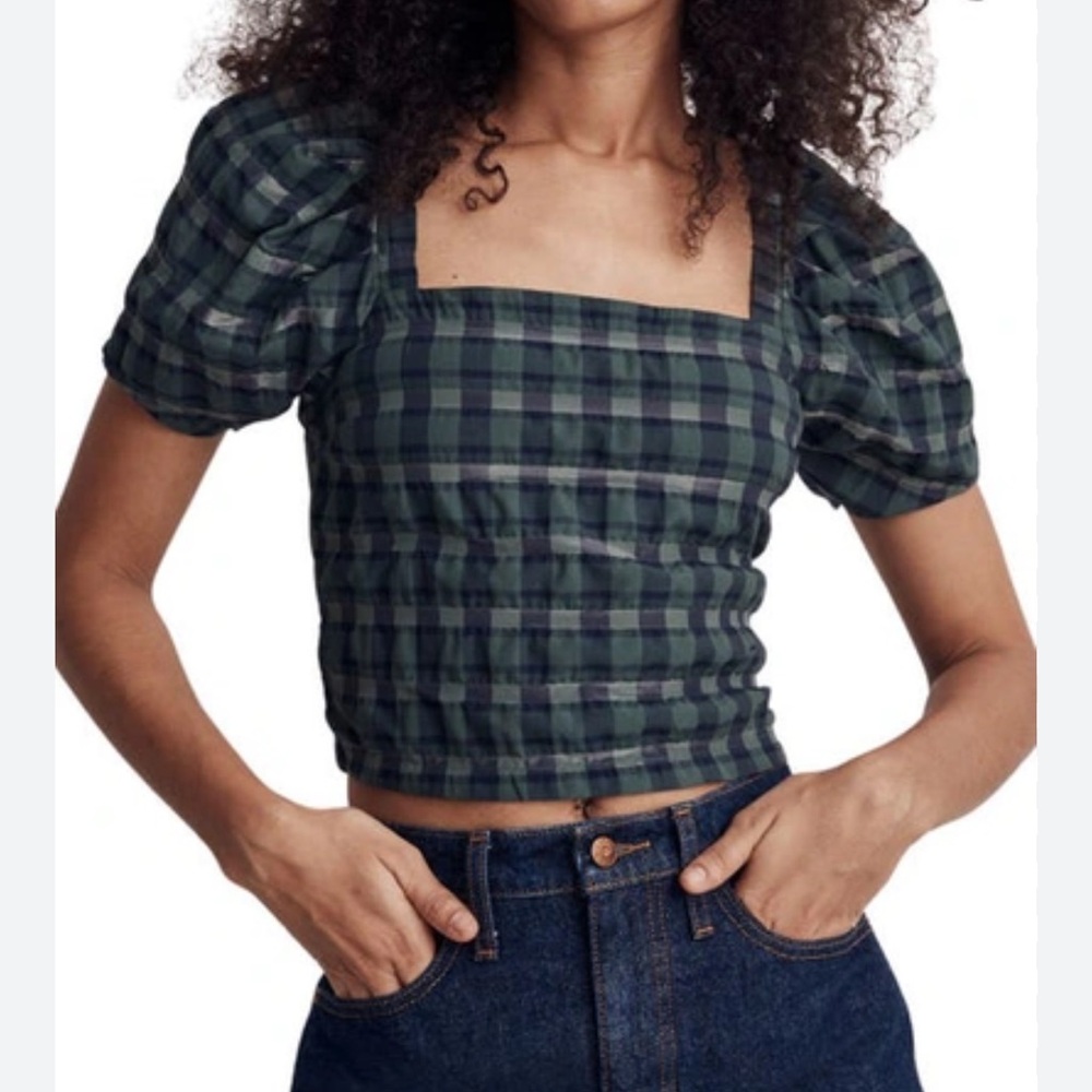 NWT Madewell Hopewell Plaid Puff Sleeve Crop Top In Forest size S
